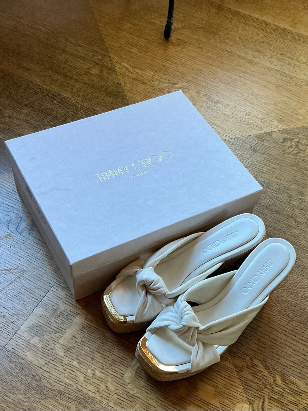 NWT Jimmy Choo Latte Knot Cork Platform Sandals with Gold Accent